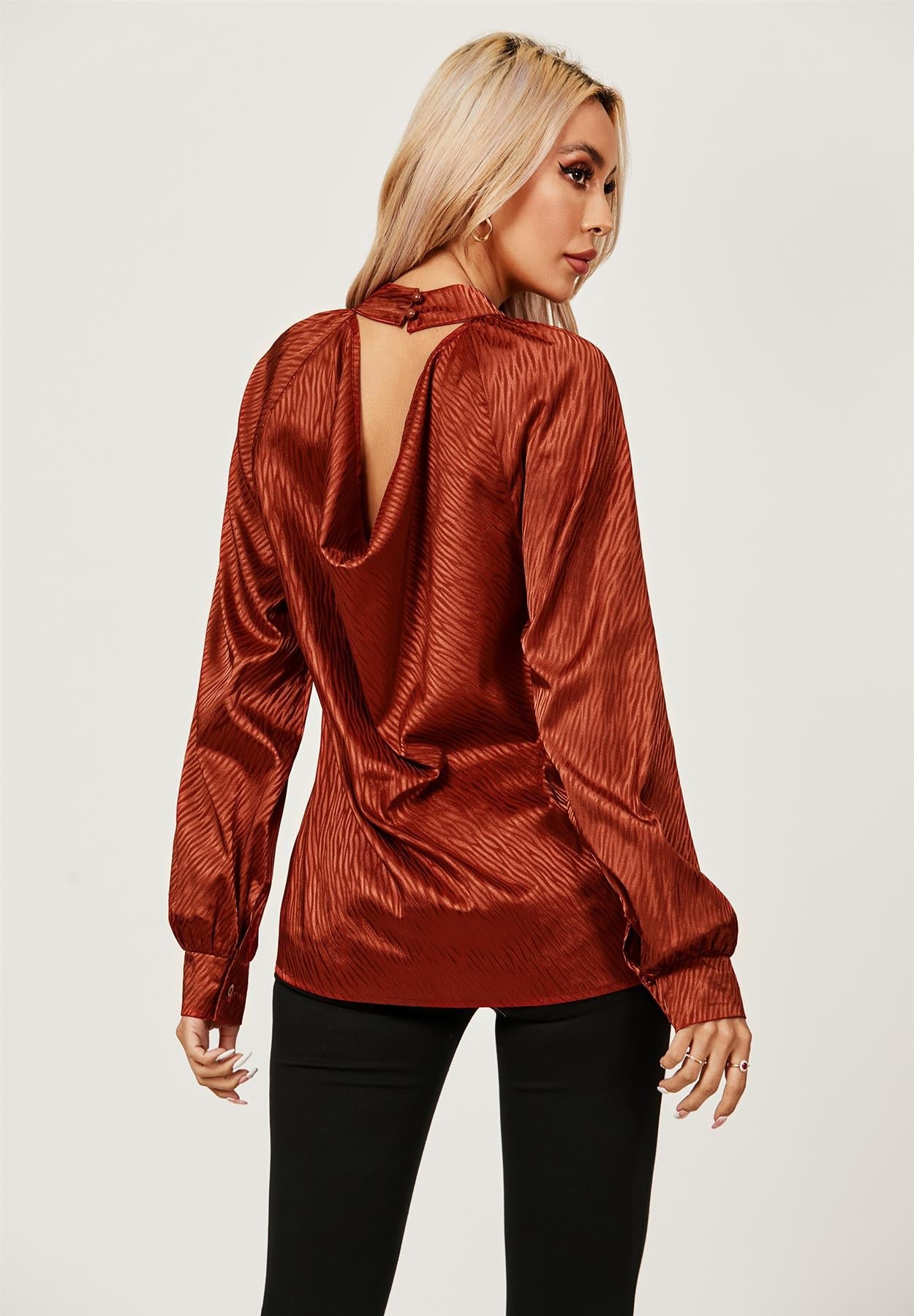 Copper Red Halter Neck Satin Long Sleeve Blouse Top
