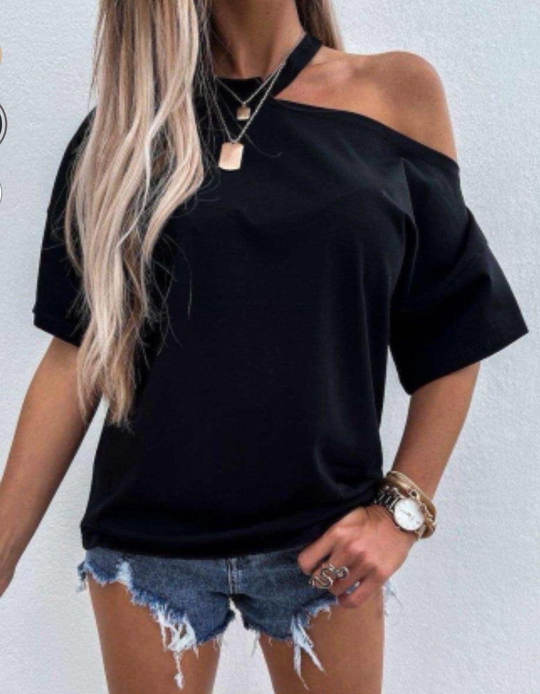 Cut Out Cold Shoulder T Shirt Top in Black image 1