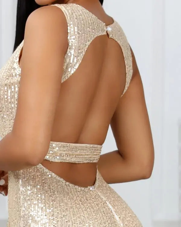 Gold Belted Backless Sequin Jumpsuit