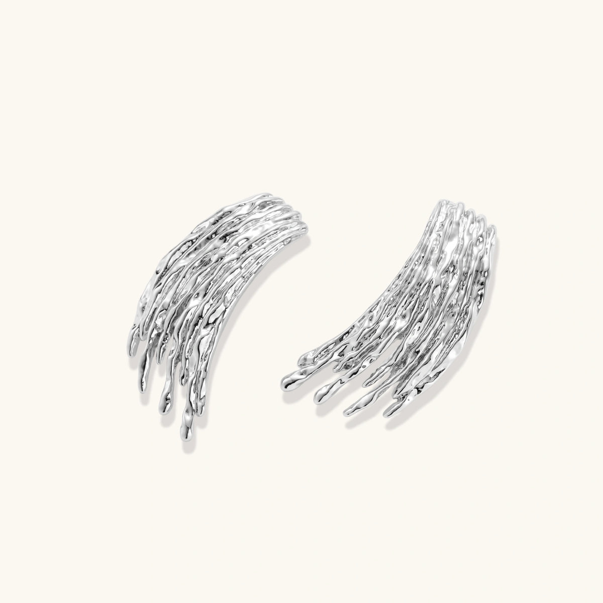 Silver-toned earrings with flowing liquid-like strands cascading downward, made from eco-zinc alloy with S925 posts