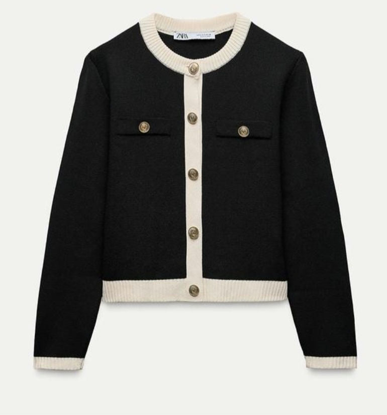 Round Neck Colour Contrast Soft Knit Cardigan - Black/Ecru  image 1