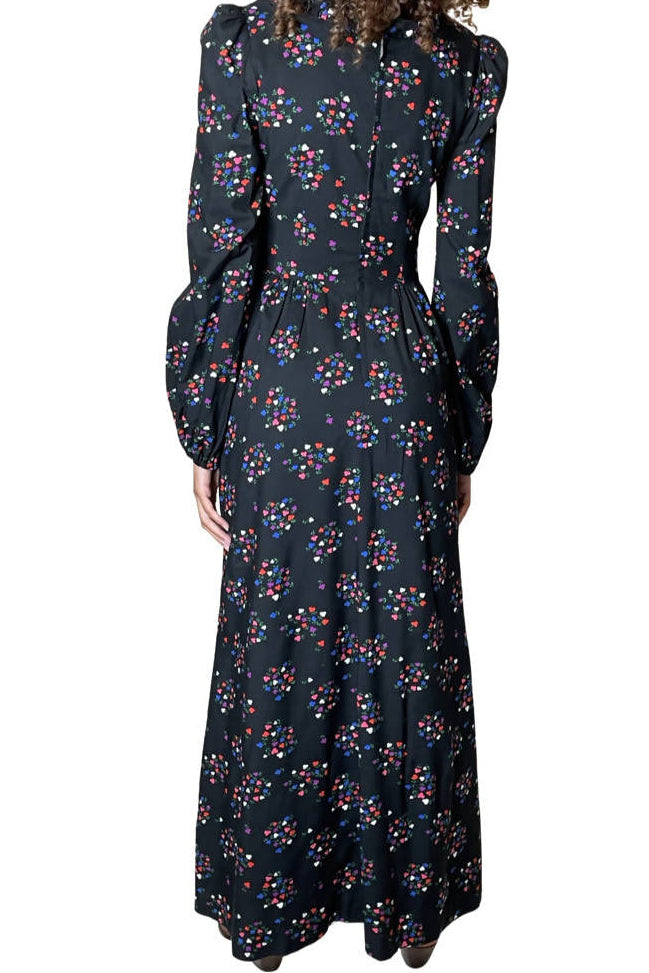 Original 1970's Vintage Black Maxi Dress With Floral Print UK 10 - 12
