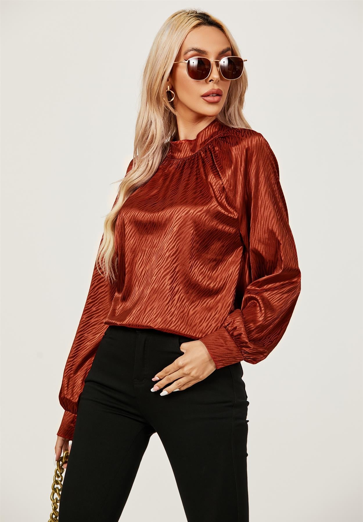 Copper Red Halter Neck Satin Long Sleeve Blouse Top