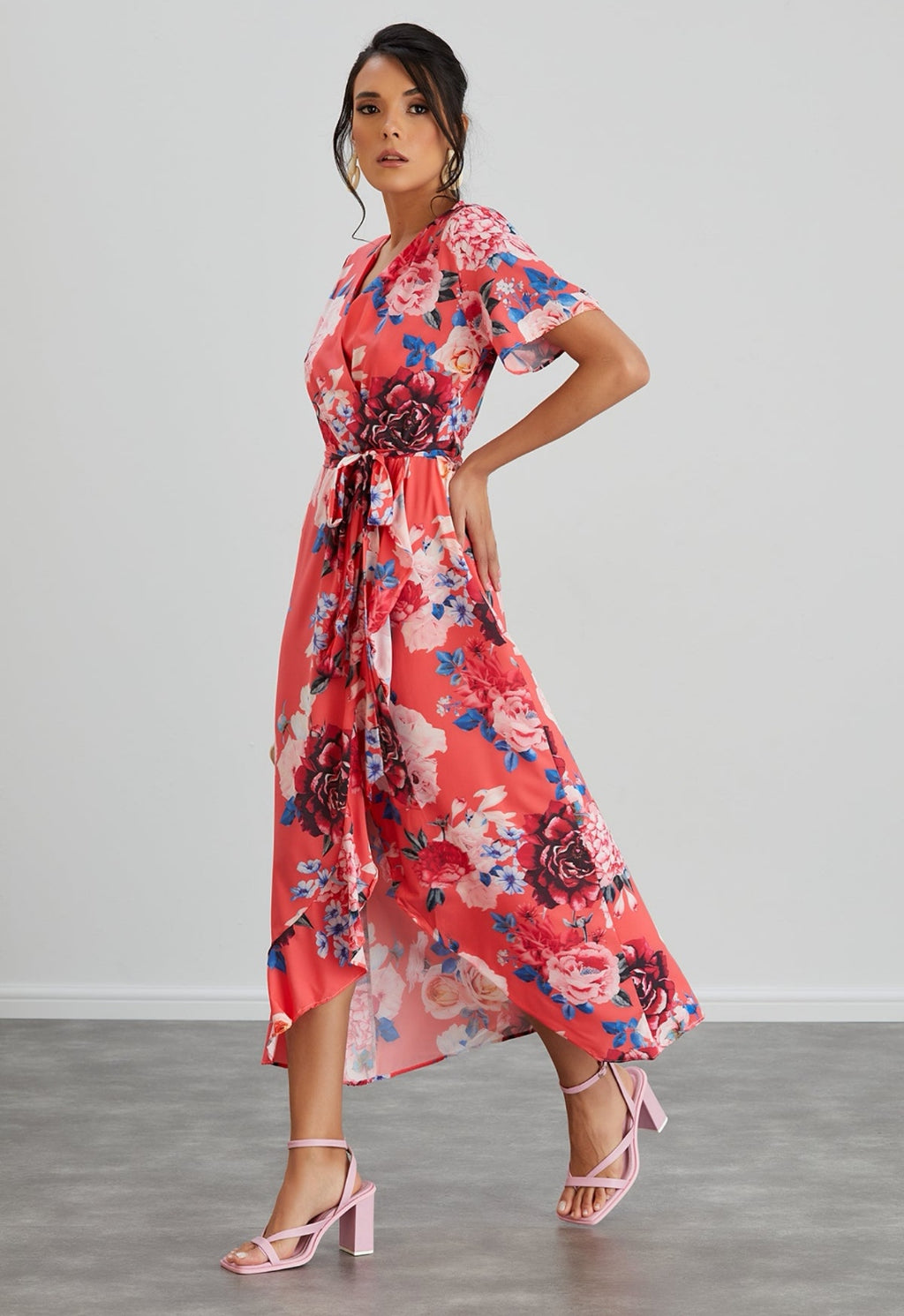 Wrap Midi Dress with Frill Skirt - Coral Floral - By Jenerique image 3