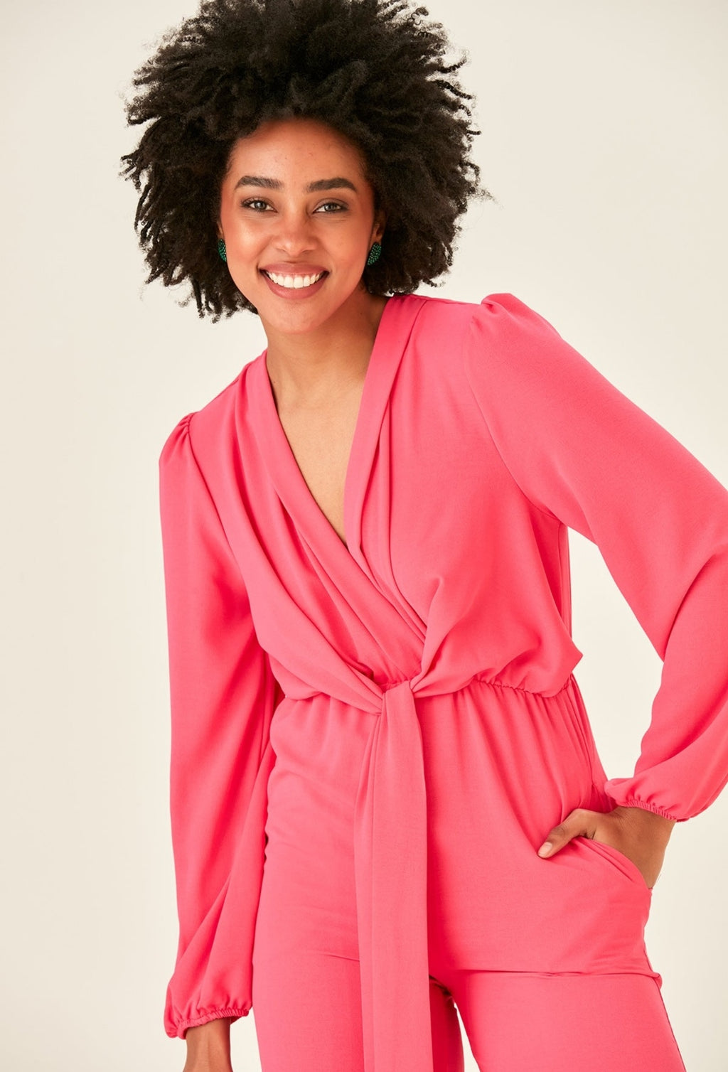 Long Sleeve Wrap Jumpsuit with Pockets - Pink  - By Jenerique image 3