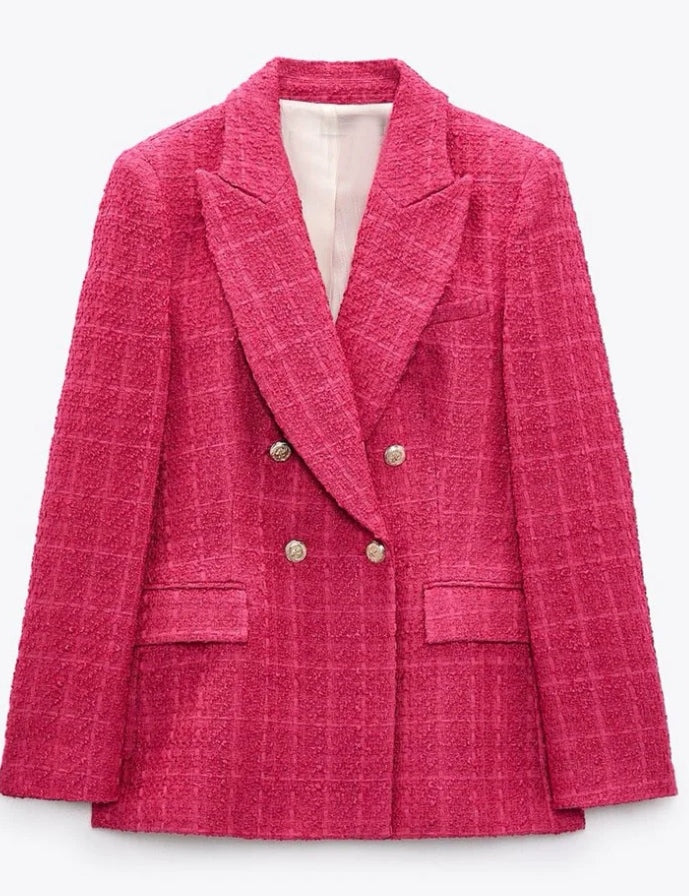Silver Button Tweed Textured Double Breast Blazer -Raspberry image 2