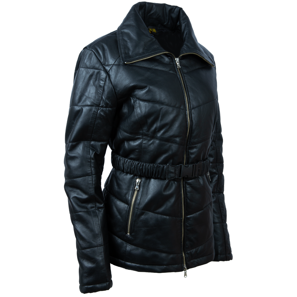 Genuine Leather Women's Puffer Coat - Black