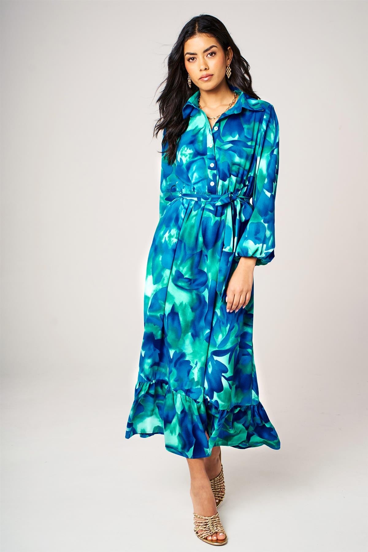 Blue Abstract Print Hem Detail Shirt Midi Dress