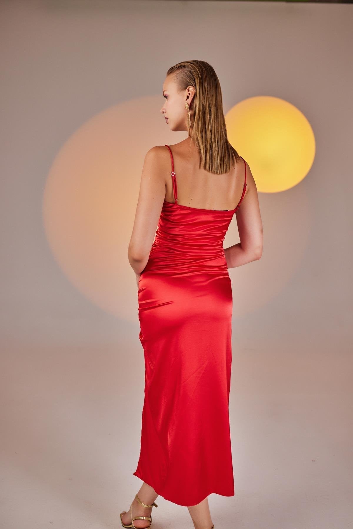 Red Satin Strappy Slit Midi Dress