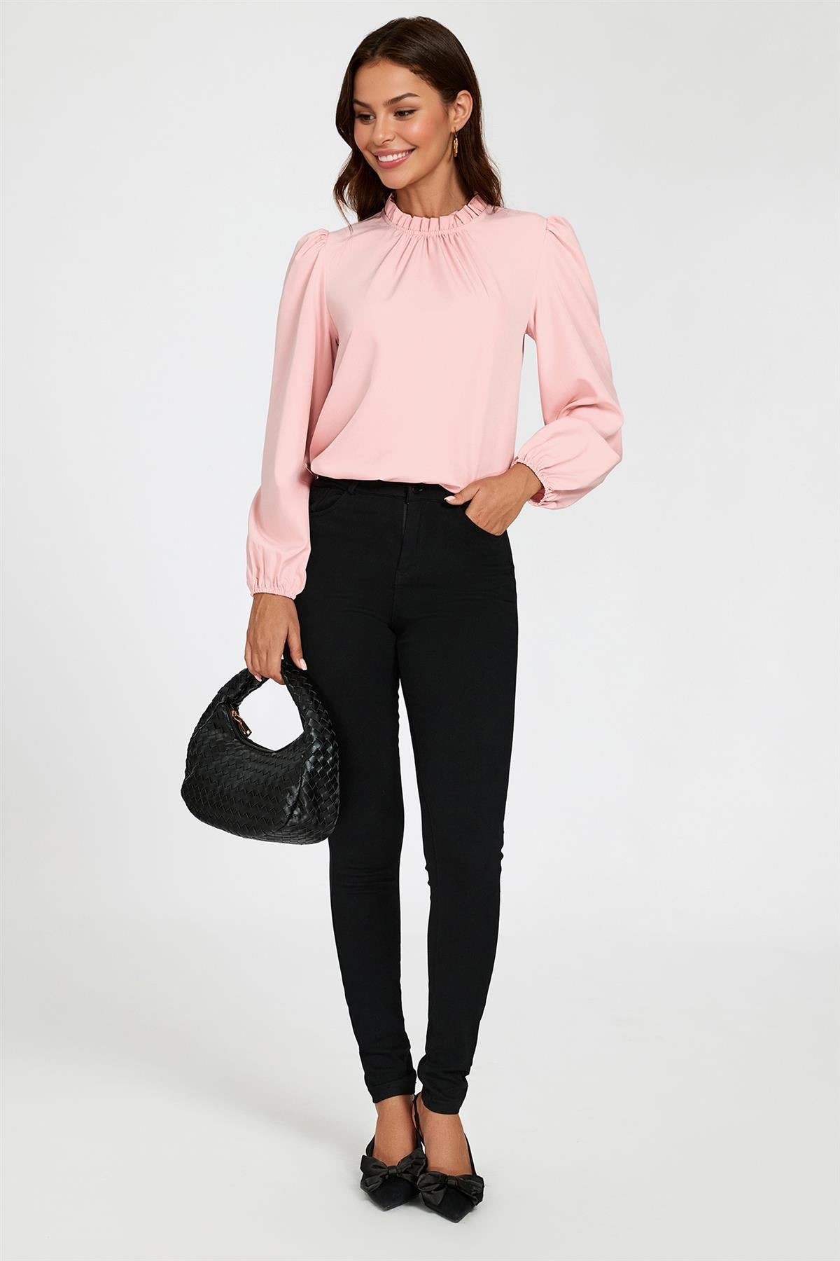 Pink Delicate Floral Print Frill Detail High Neck Top