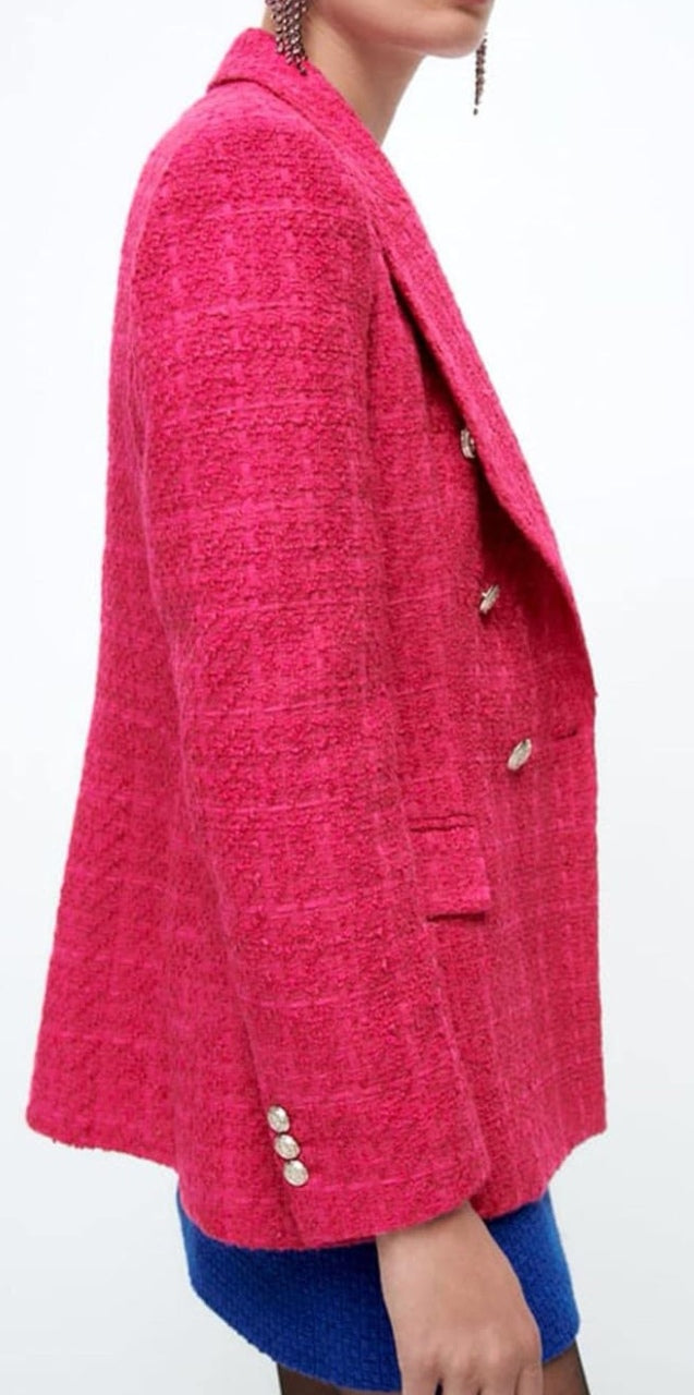 Silver Button Tweed Textured Double Breast Blazer -Raspberry image 3