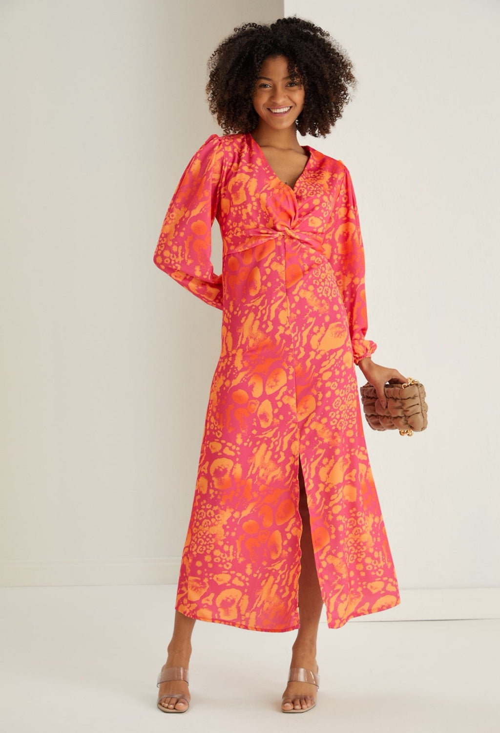 Twist Knot Midi Dress with Slit - Orange Leopard - By Jenerique image 5