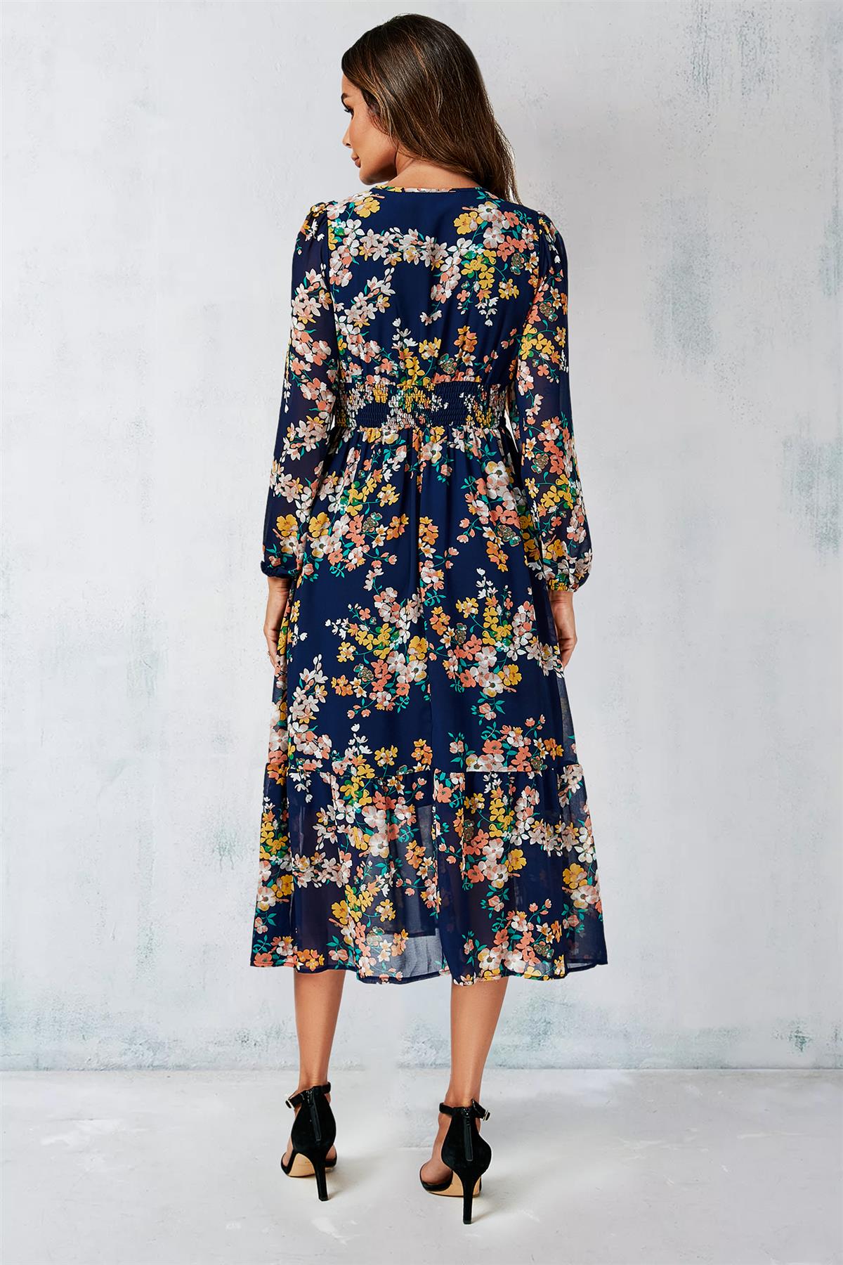 Navy Floral Print Long Sleeve Maxi Dress