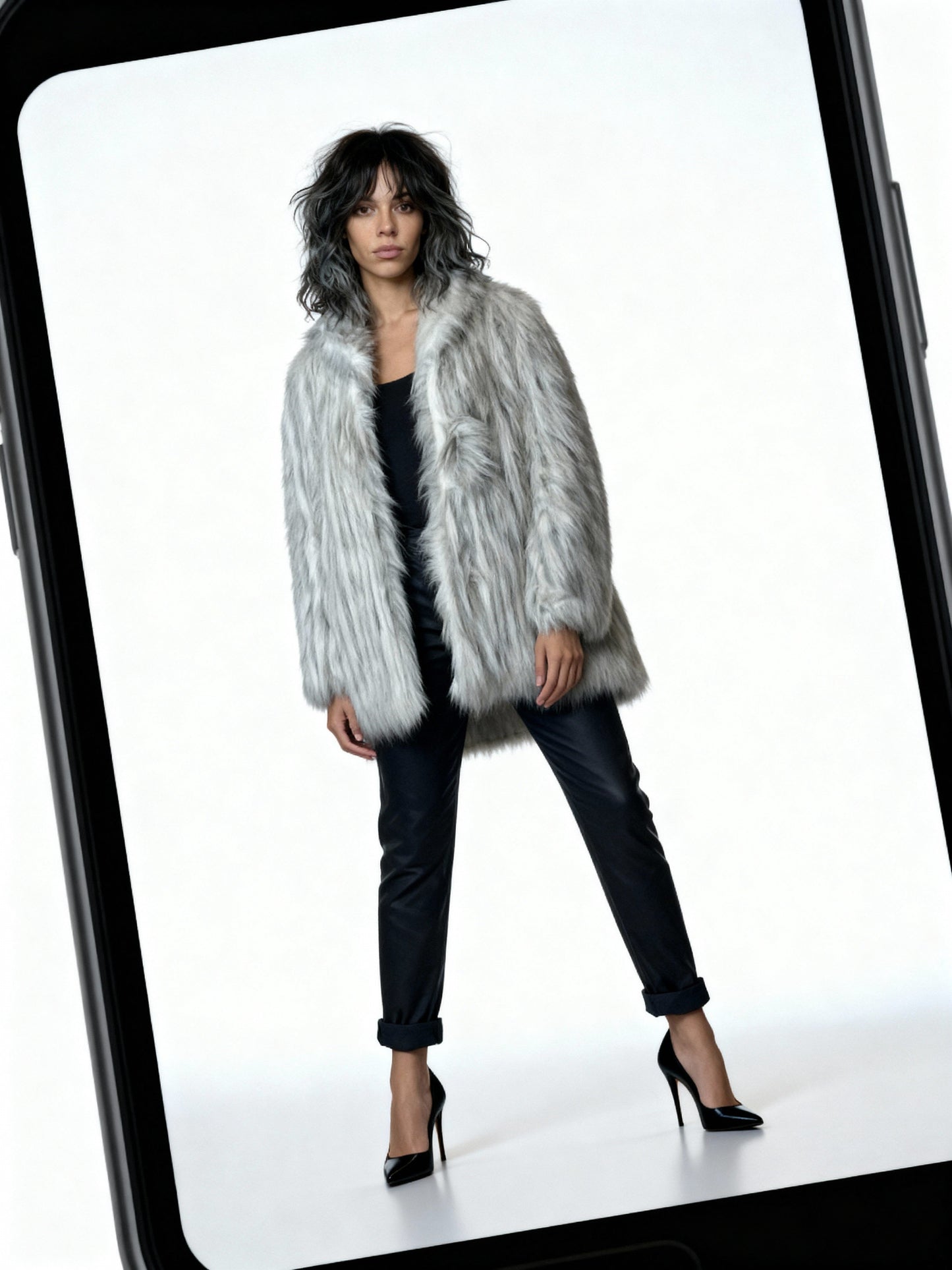 Original Vintage 1970's White & Grey Faux Fur Coat UK 8 - 14