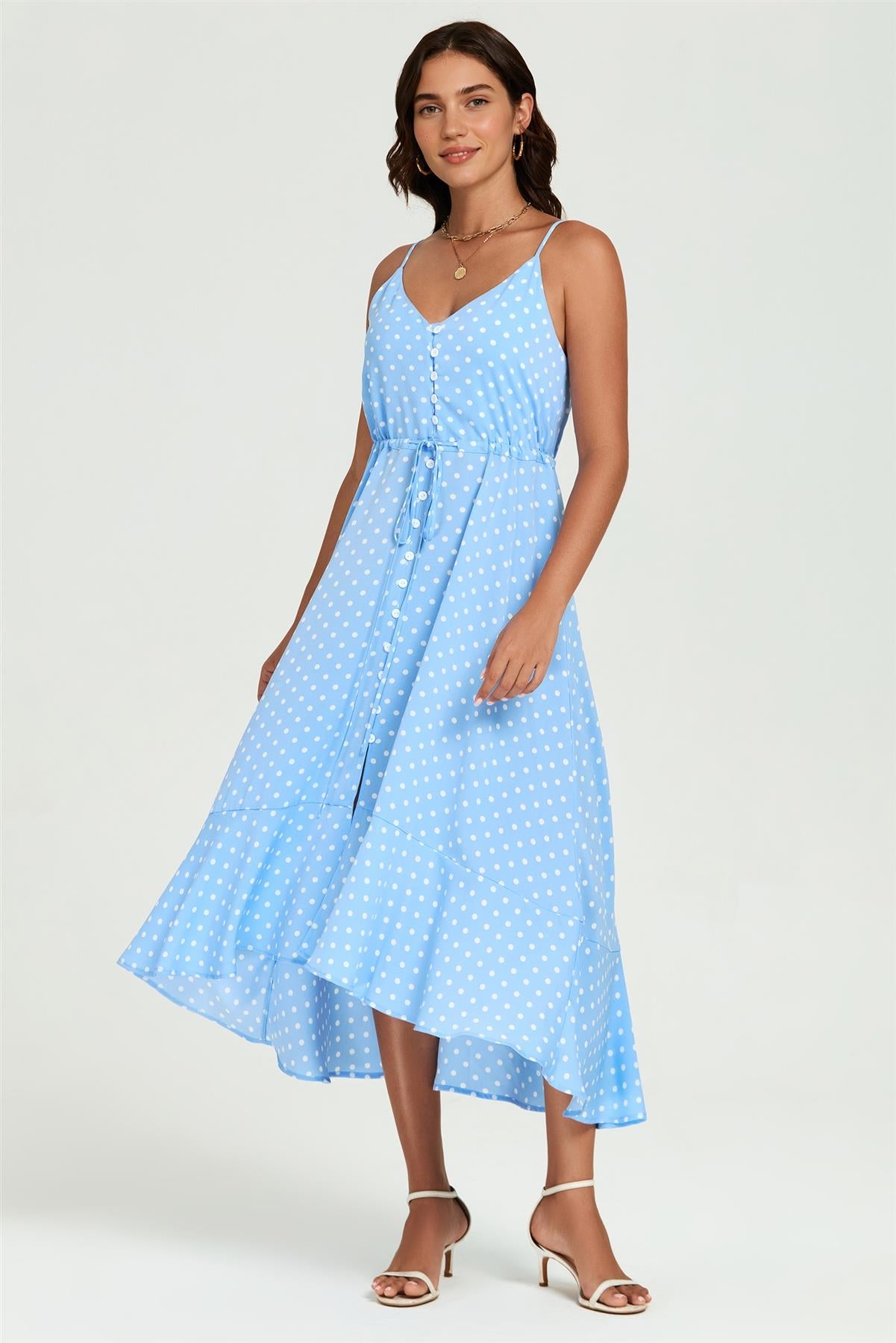 Light Blue Dot Print High Low Dress