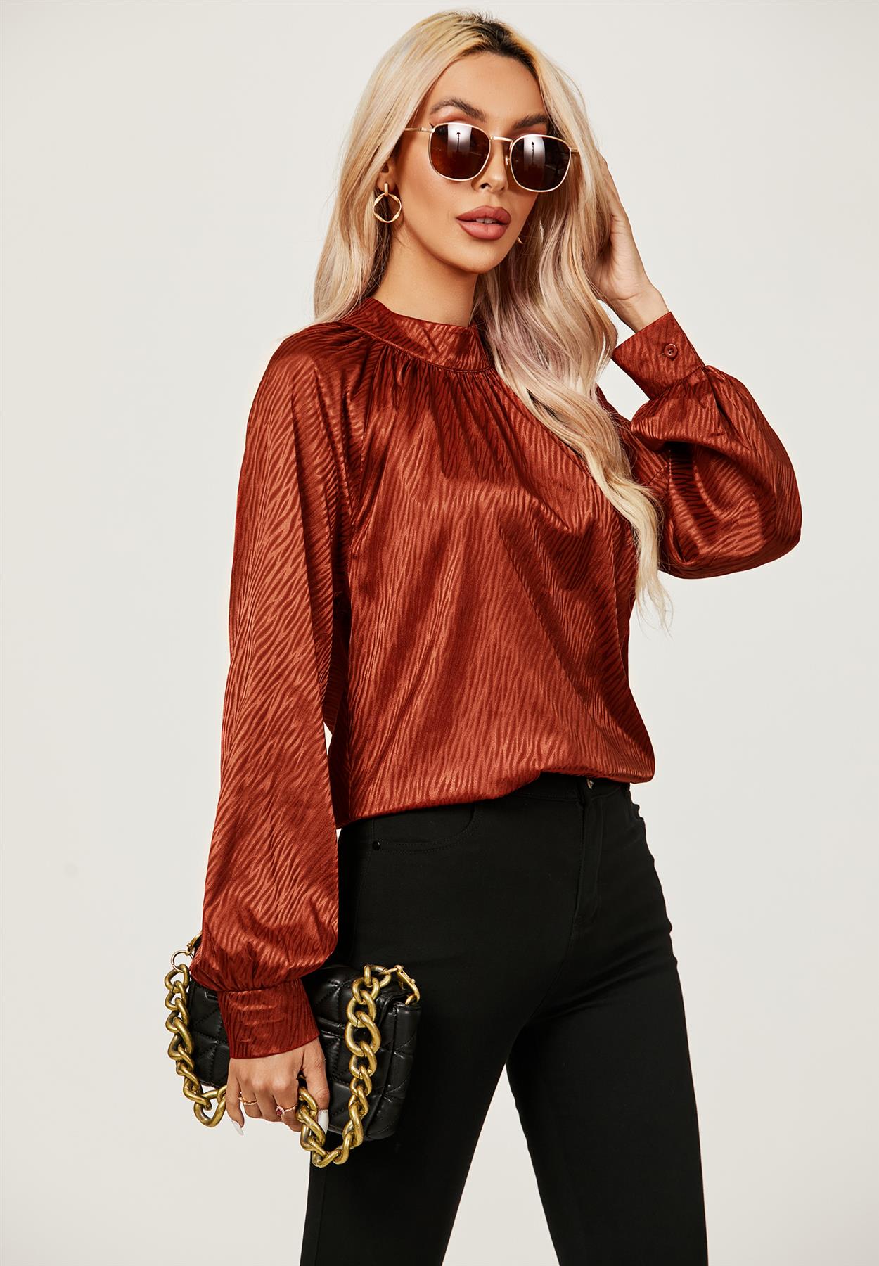 Copper Red Halter Neck Satin Long Sleeve Blouse Top