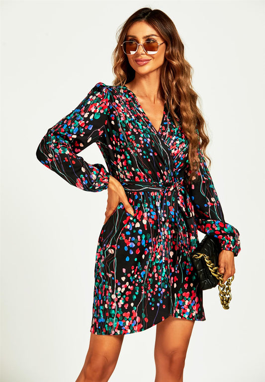 BlackAbstract Floral Print Wrap Mini Dress