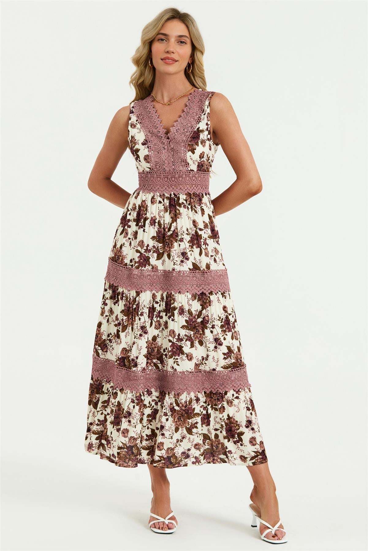 Off-White Floral Lace Maxi Dress