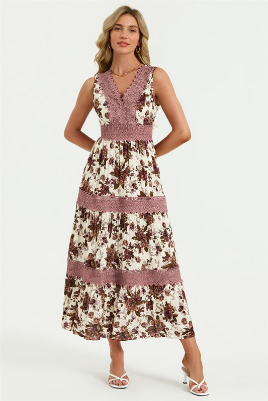 Off White Floral Print Lace Detail Maxi Dress