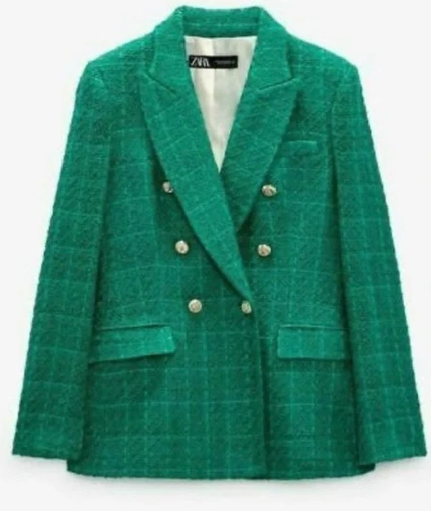 Silver Button Tweed Textured Double Breast Blazer - Lush Green image 2