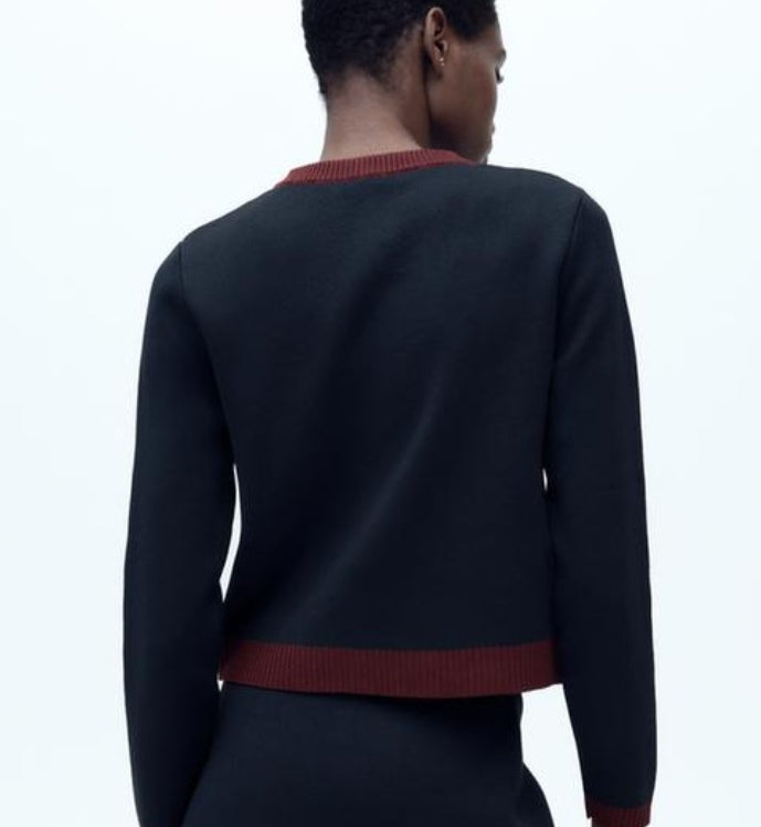 Round Neck Colour Contrast Soft Knit Cardigan - Navy/Burgundy  image 3