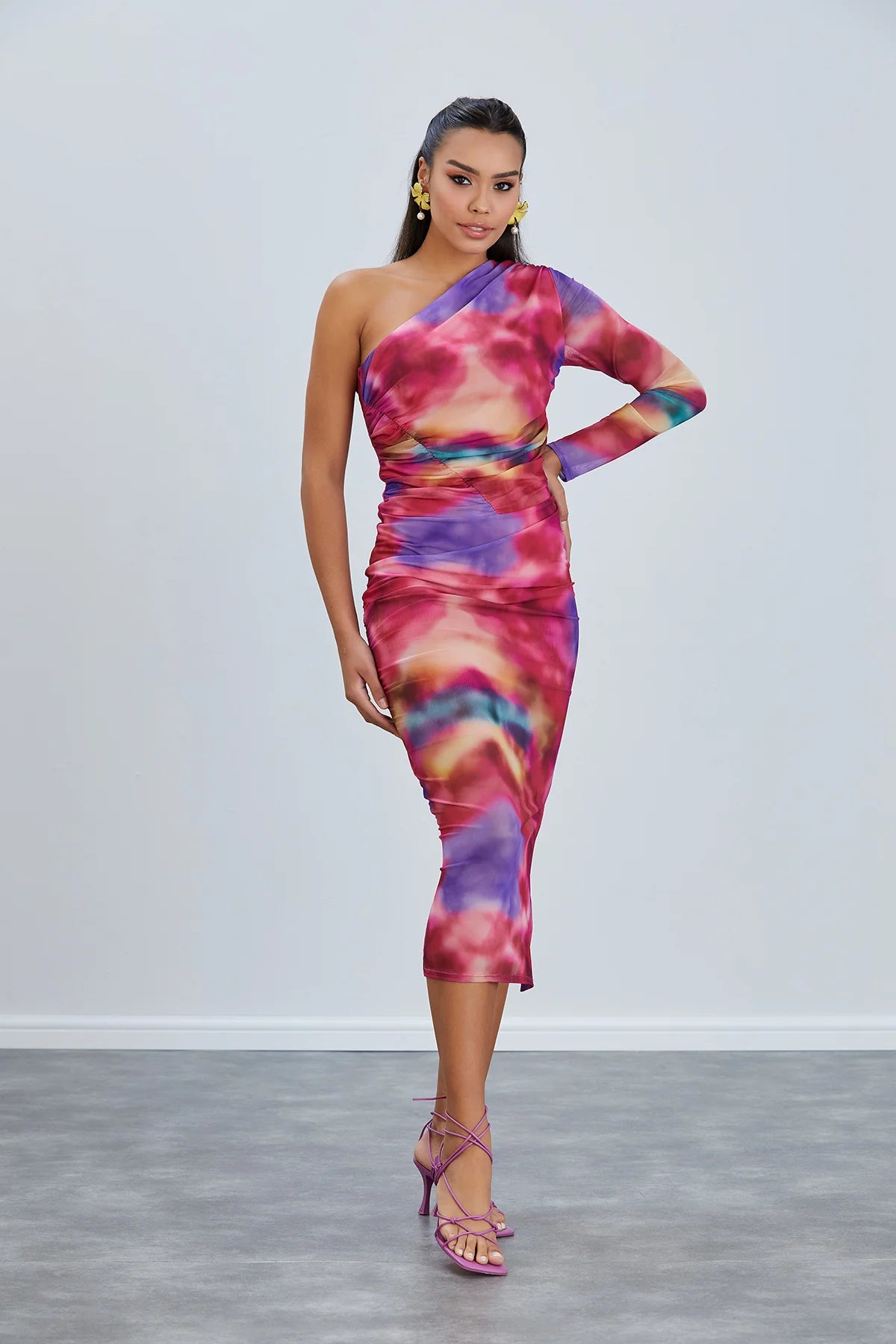 One Shoulder Mesh Dress in Tie-Dye Print - Pink - By Jenerique Pink / 14 One Shoulder Mesh Dress in Tie-Dye Print - Pink - By Jenerique Pink / 14