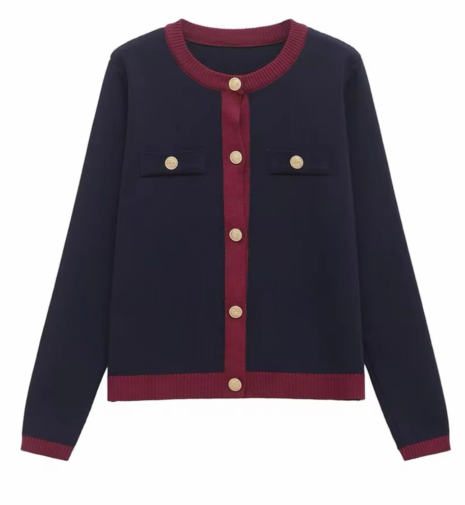 Round Neck Colour Contrast Soft Knit Cardigan - Navy/Burgundy  image 1