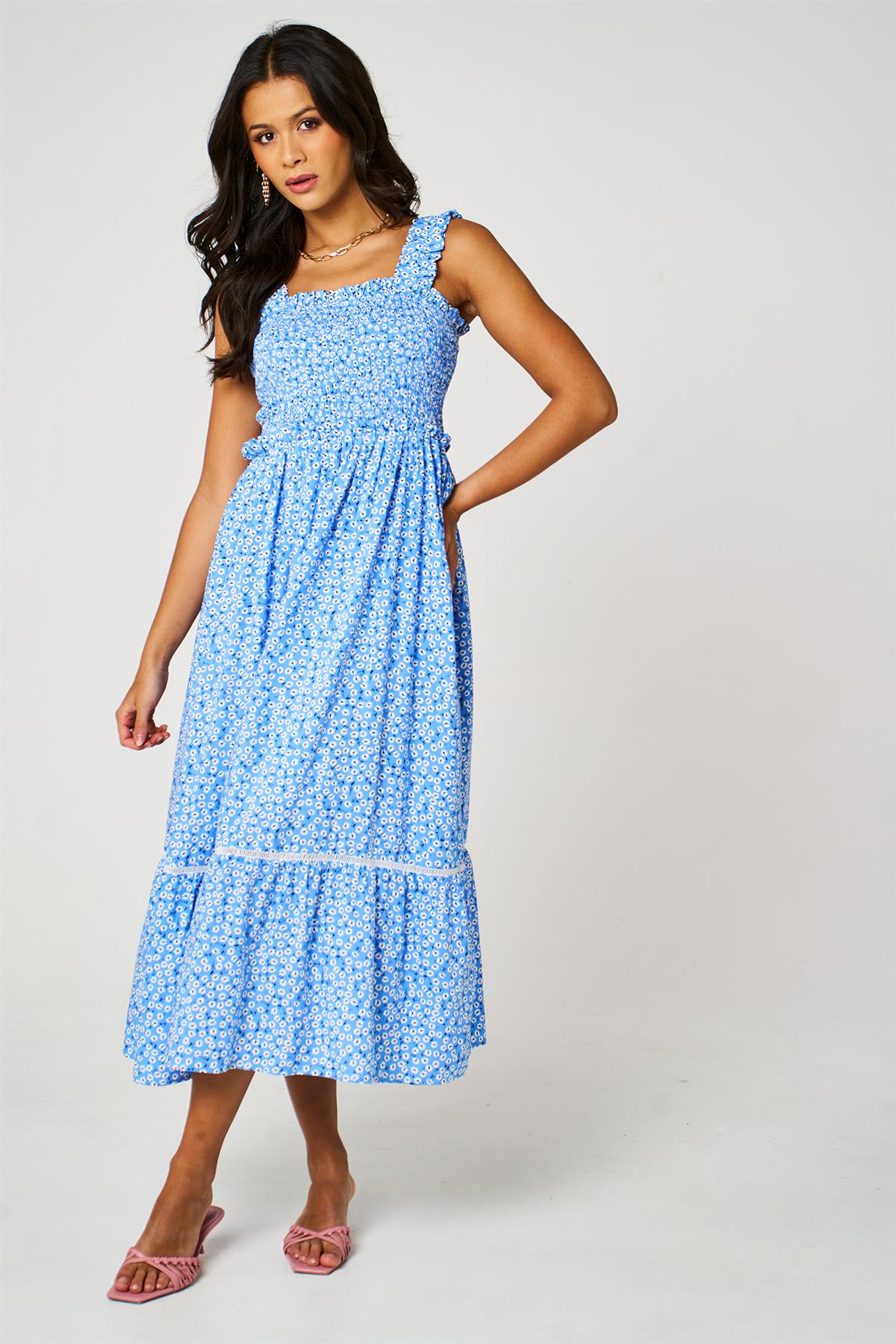 Blue Floral Print Hem Detail Maxi Dress
