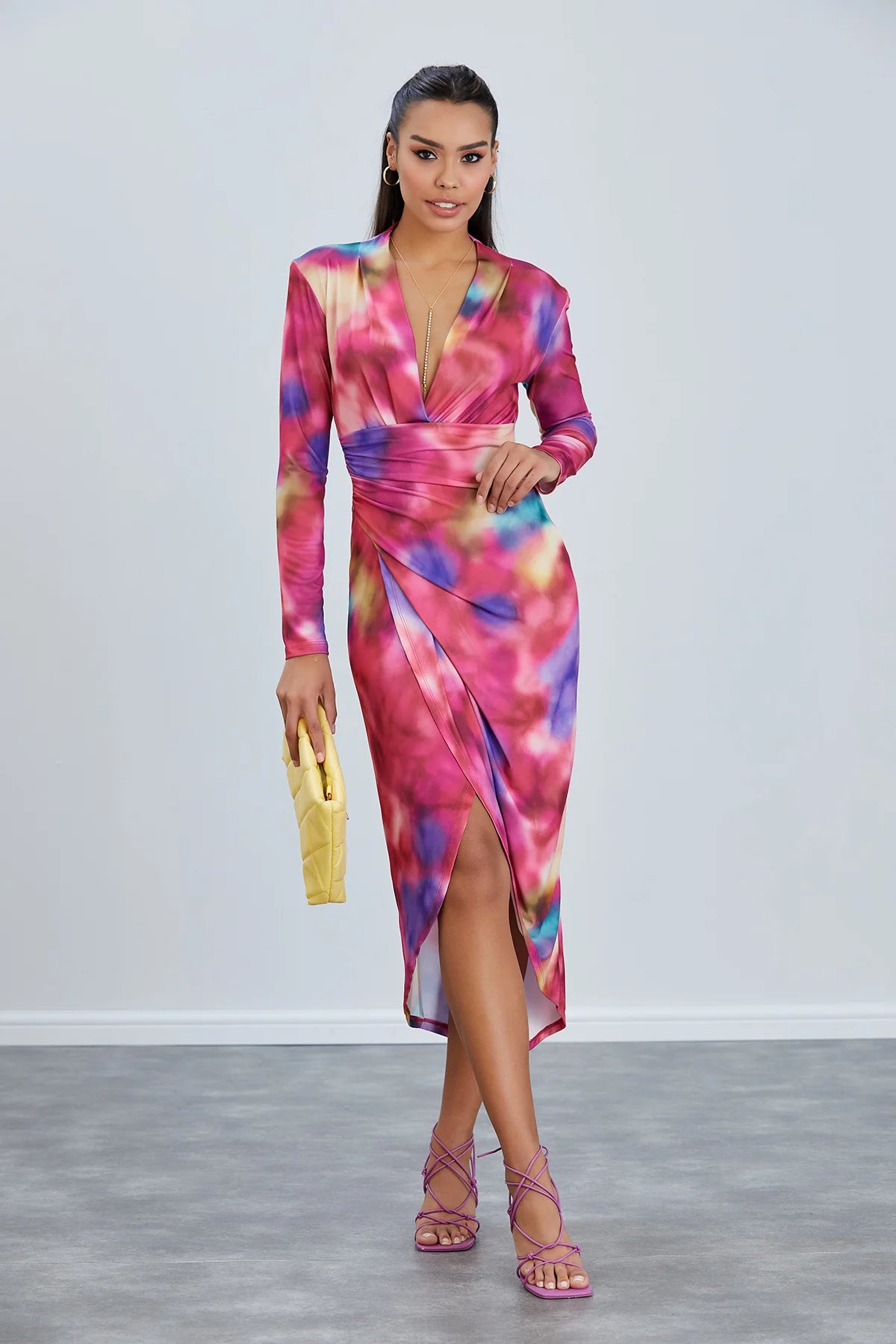 Long Sleeve Wrap Midi Dress in Tie-Dye Print - Pink - By Jenerique image 1