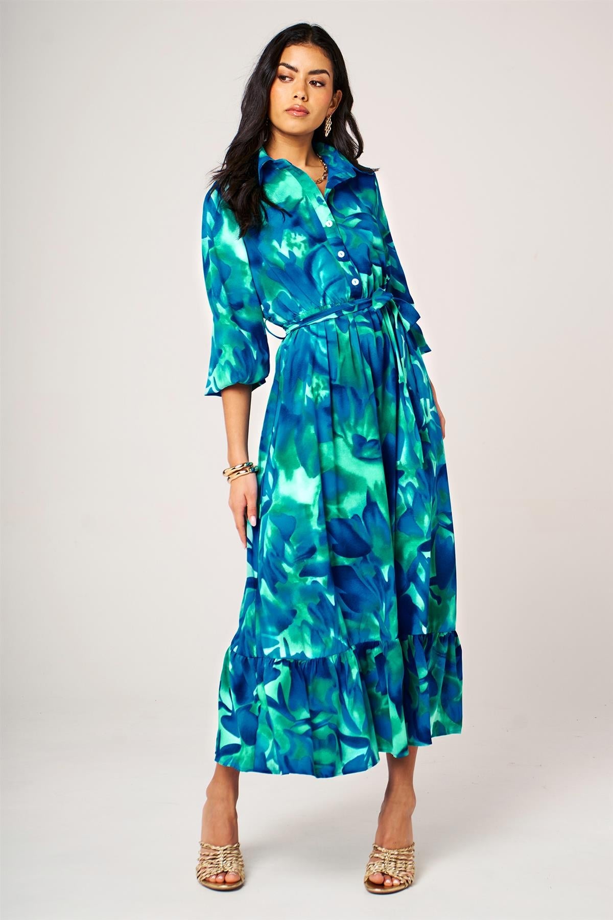 Blue Abstract Print Hem Detail Shirt Midi Dress