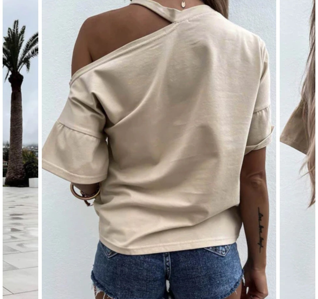 Cut Out Cold Shoulder T Shirt Top in Stone image 2