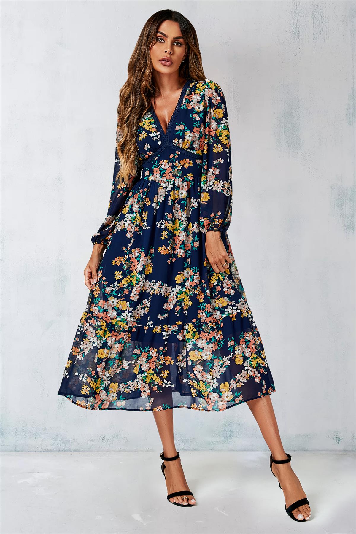 Navy Floral Print Long Sleeve Maxi Dress