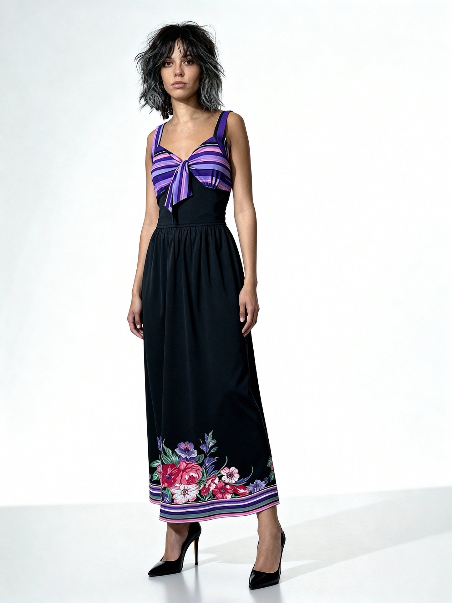 Original 1970's Vintage Black & Floral Print Maxi Dress UK 12 - 14