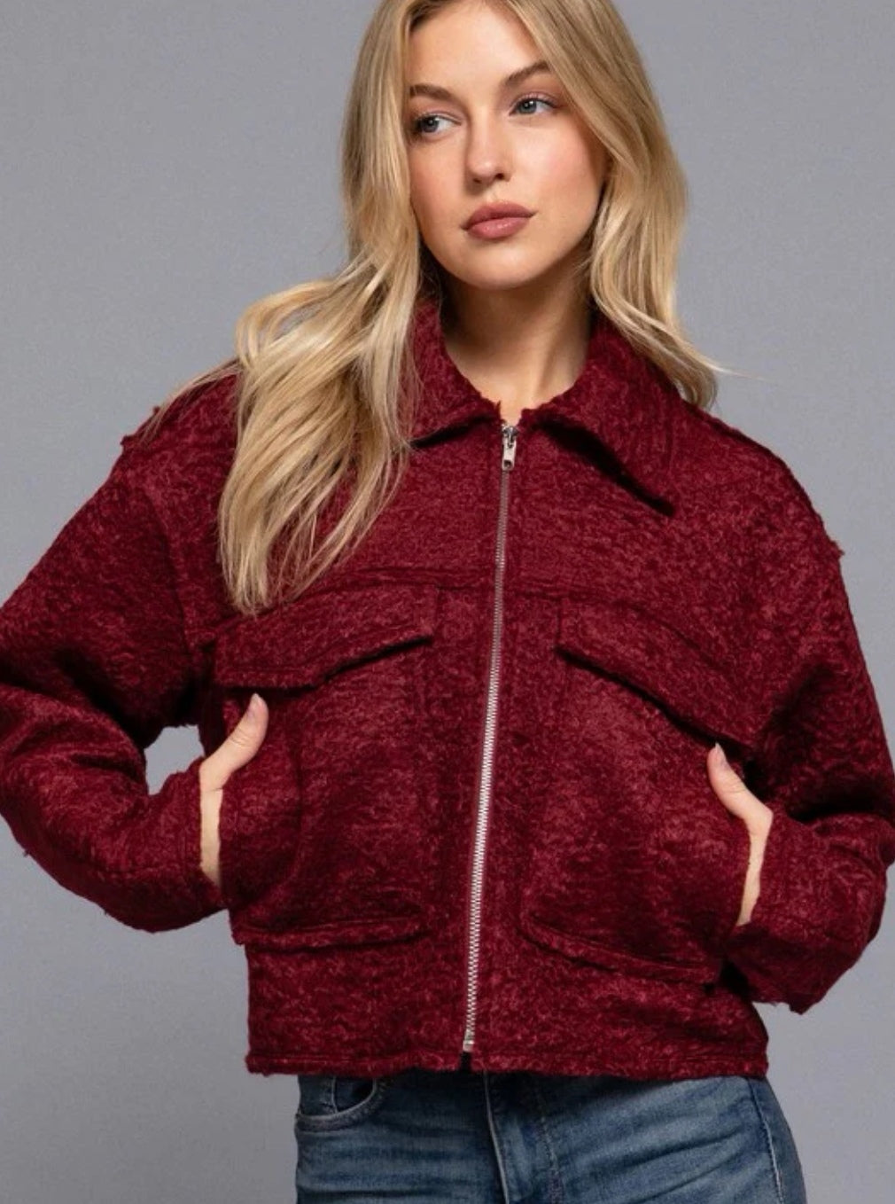 Burgundy Boucle Bomber Jacket image 0