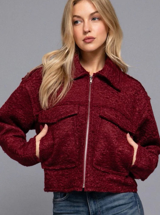 Burgundy Boucle Bomber Jacket image 0