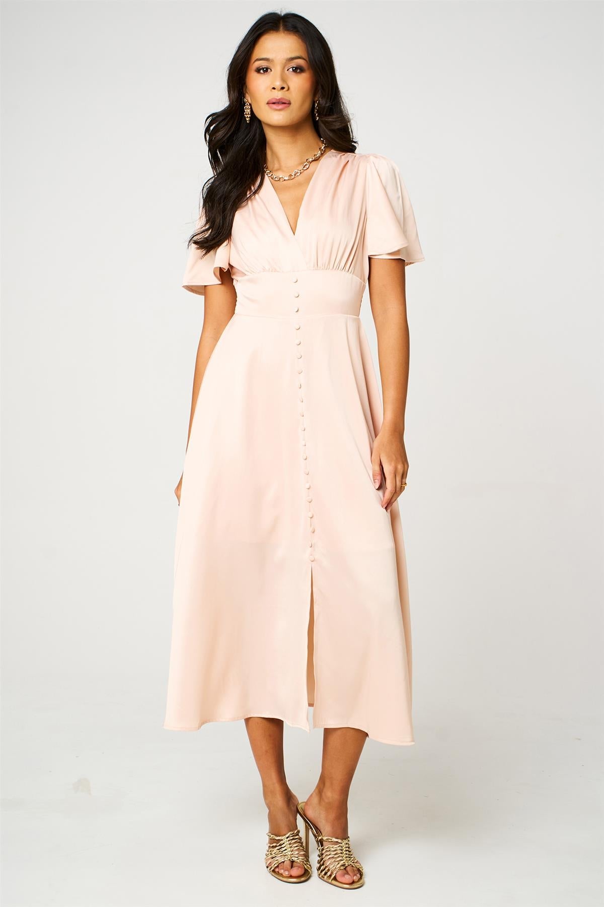 Blush Satin V Neck Button Detail Dress In Blush