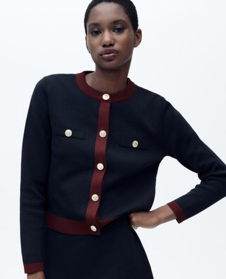 Round Neck Colour Contrast Soft Knit Cardigan - Navy/Burgundy  image 5