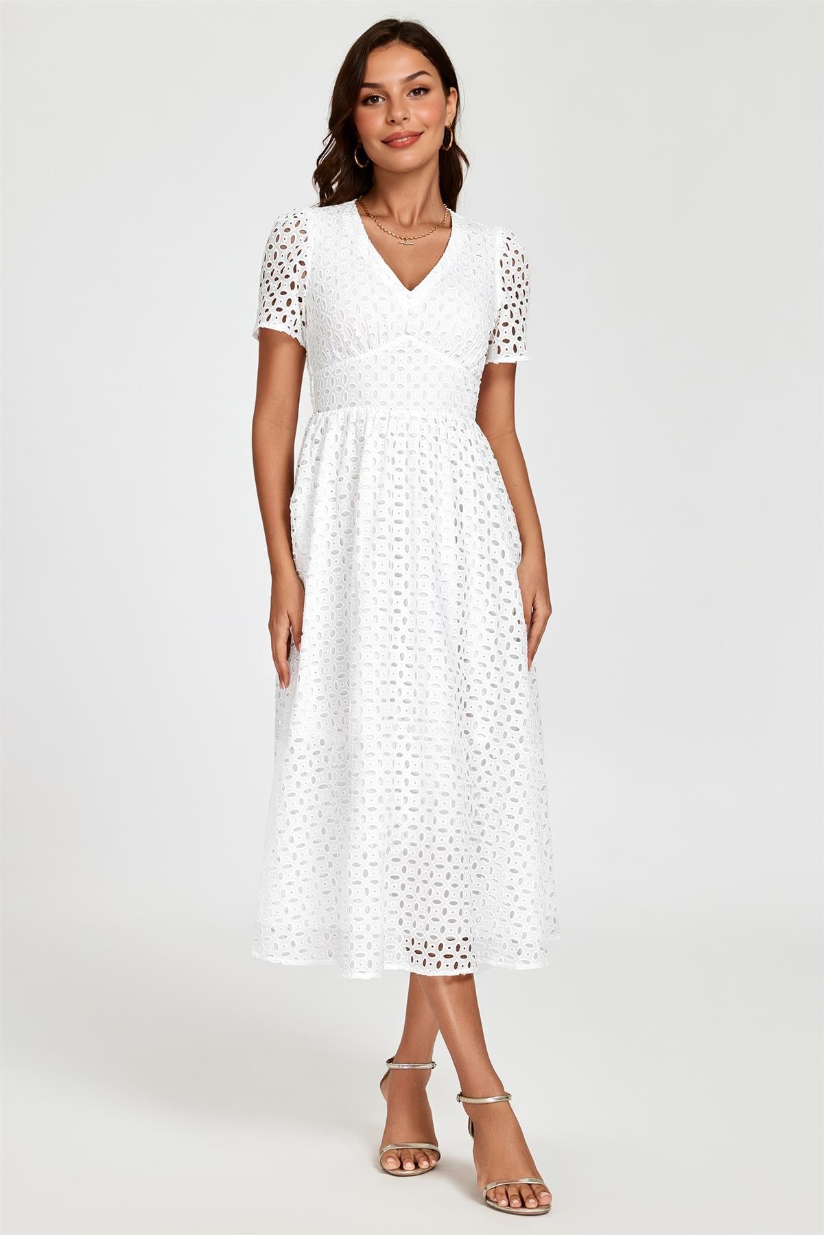 White Broderie Anglaise Midi Dress
