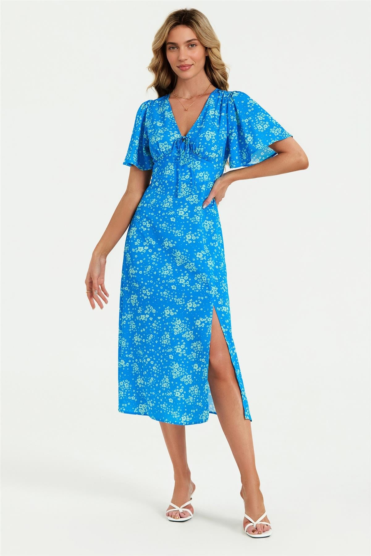 Blue Print Angel Sleeve Midi Dress