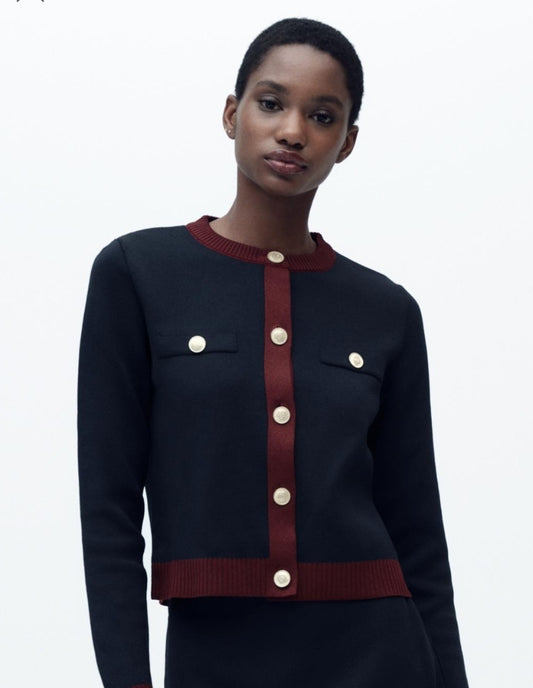 Round Neck Colour Contrast Soft Knit Cardigan - Navy/Burgundy  image 0