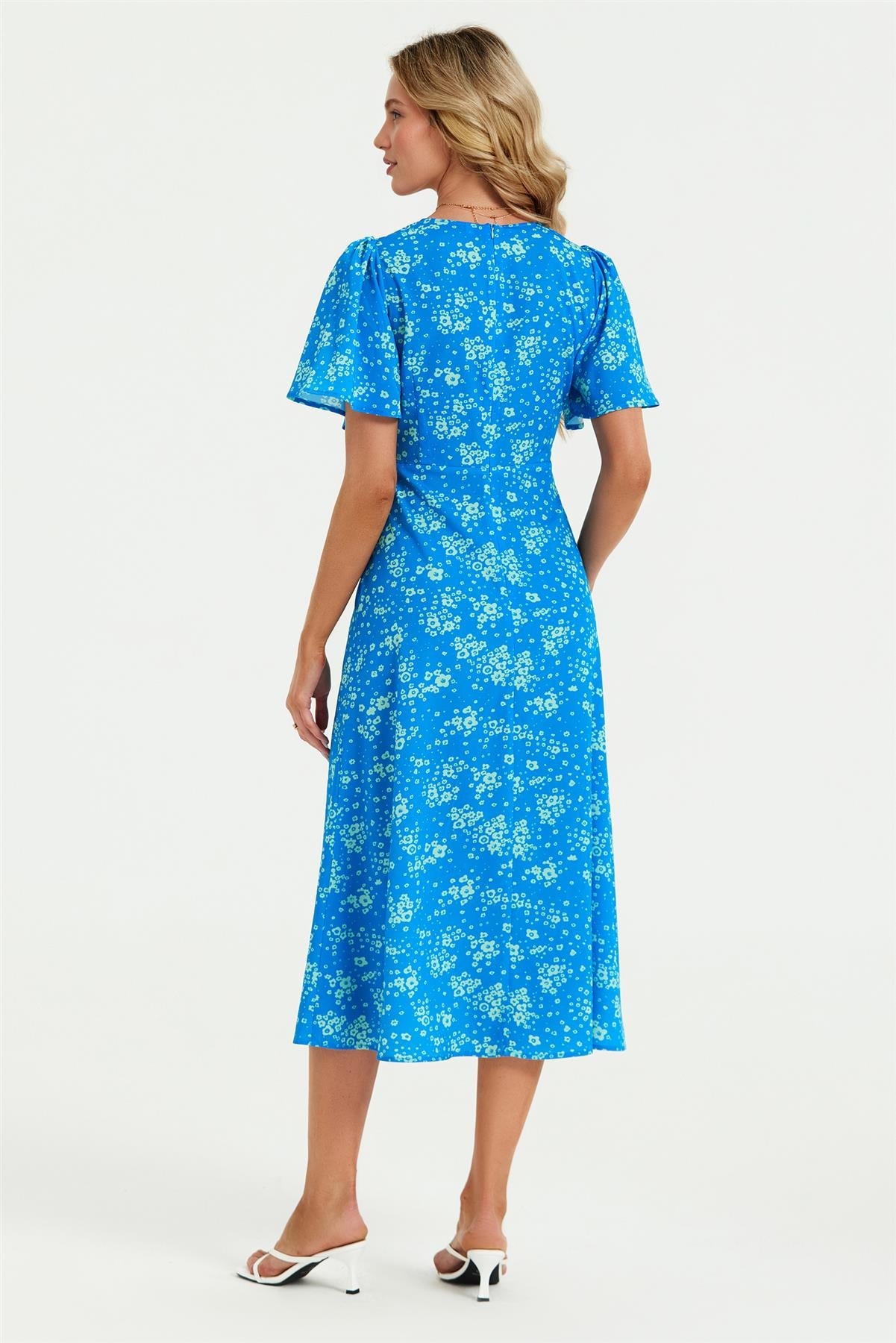 Blue Print Angel Sleeve Midi Dress