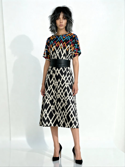 Original Vintage 1980's Virginie Paris Geometric Print Dress UK 8 - 12