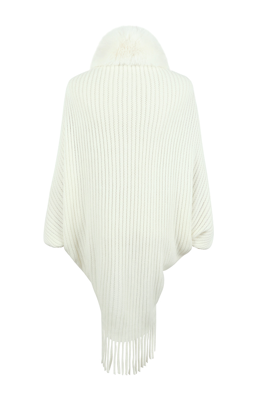 White Fringed Faux Fur Collar Ribbed Poncho