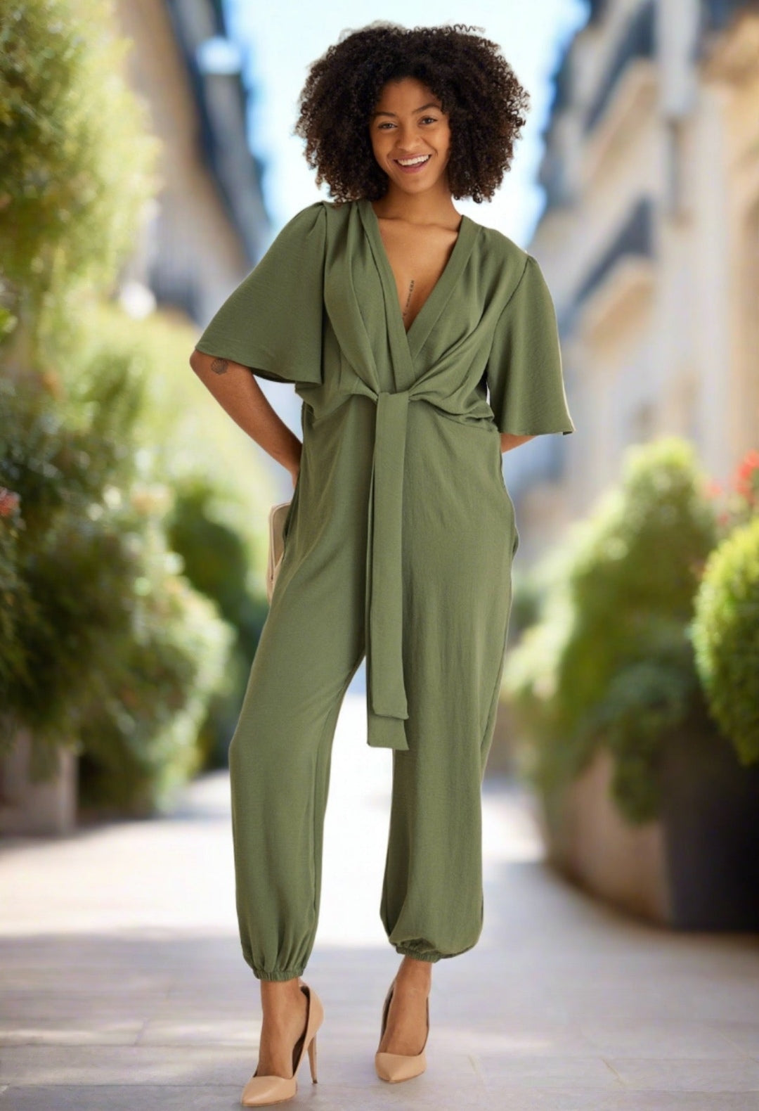 Angel Sleeve Wrap Jumpsuit - Khaki - By Jenerique image 1