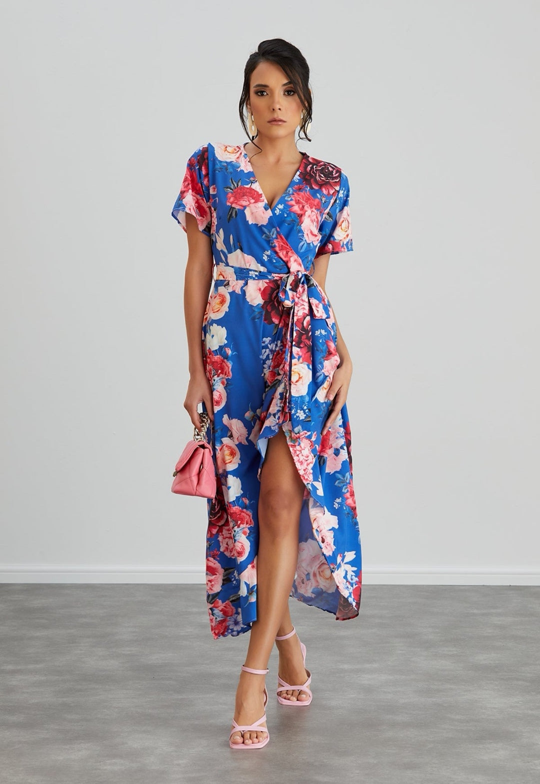 Wrap Midi Dress with Frill Skirt - Blue Floral - By Jenerique image 0