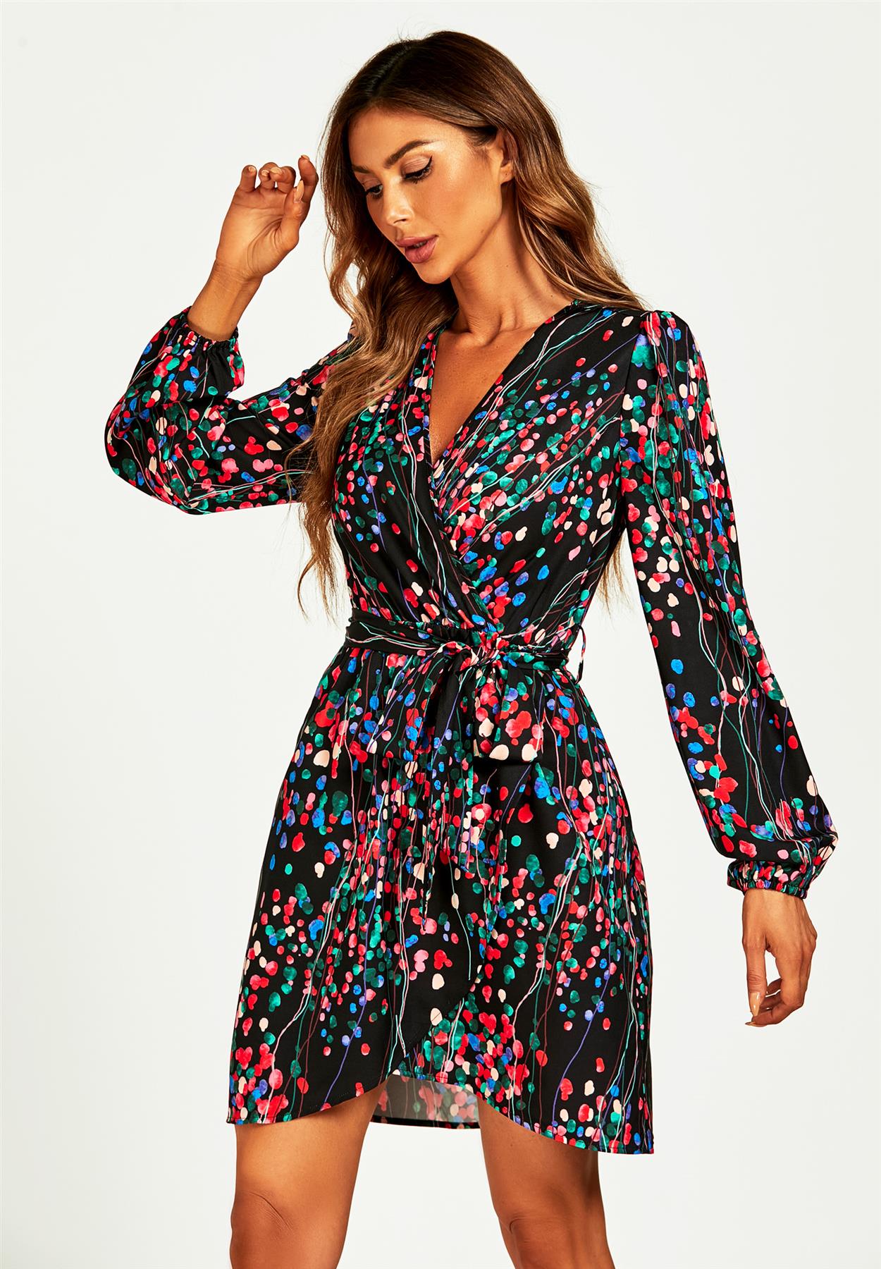BlackAbstract Floral Print Wrap Mini Dress