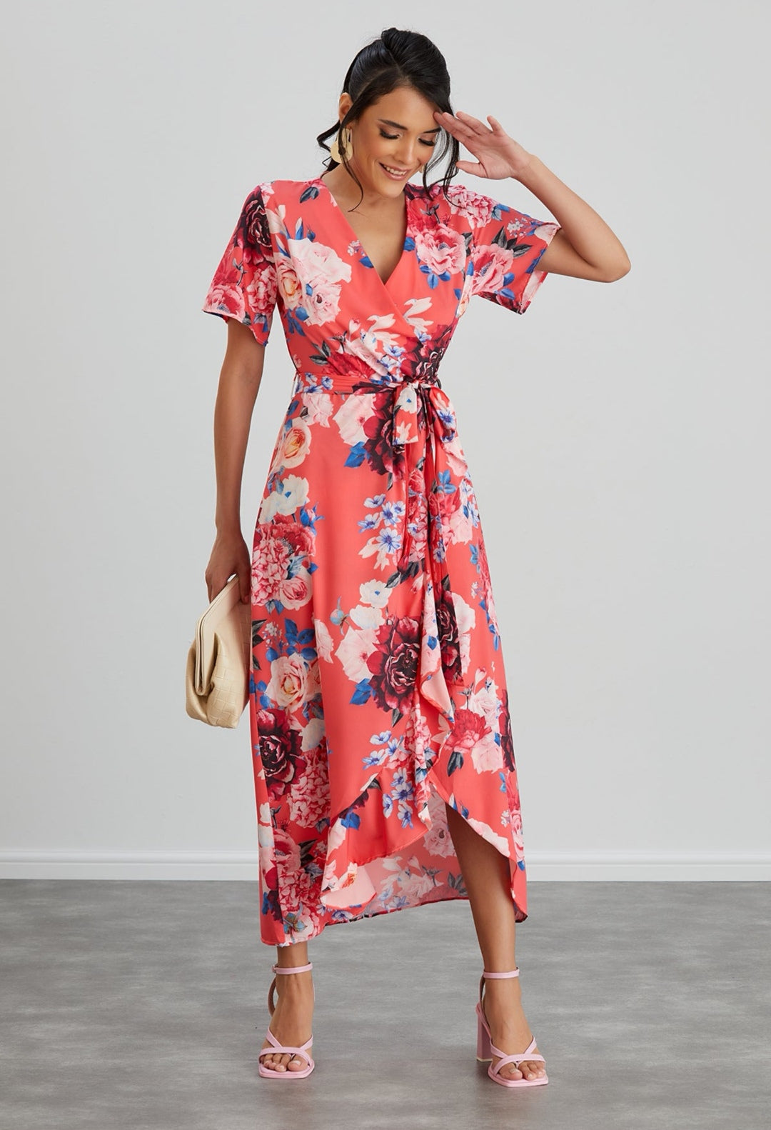 Coral Floral Wrap Midi Dress