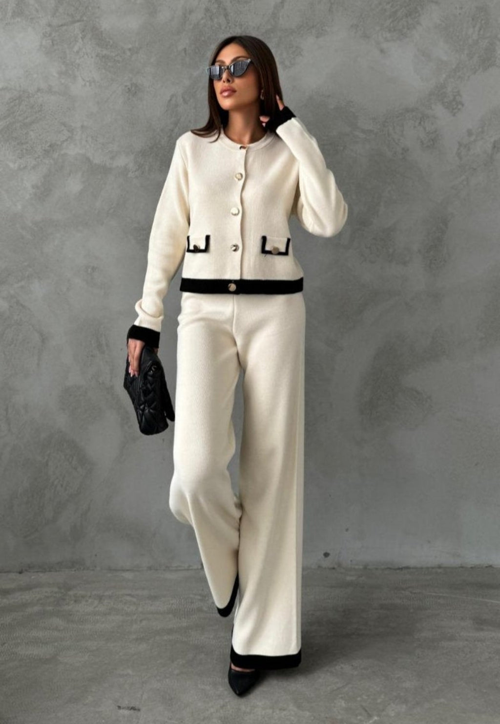 Knitted Co Ord Set with Jacket and Wide Leg Trousers - Ecru image 3