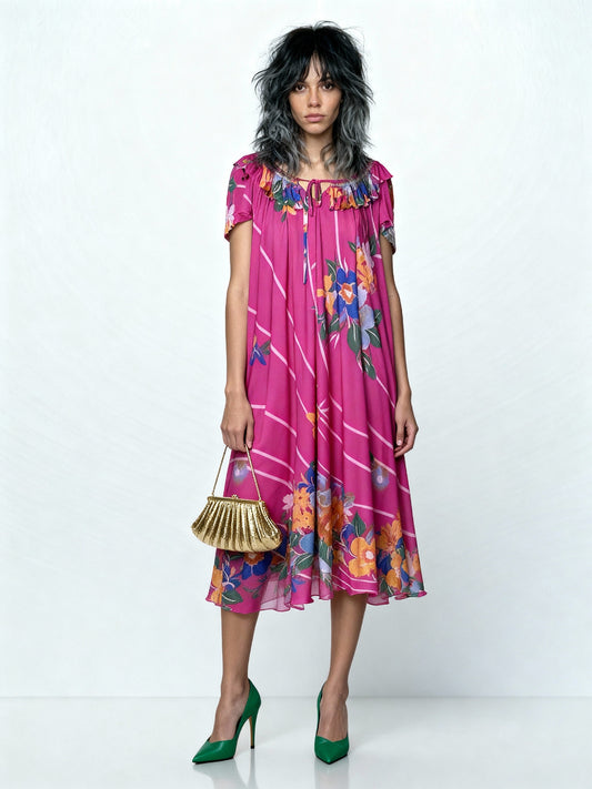 1970s Bright Pink Floral Dress – UK 8–12