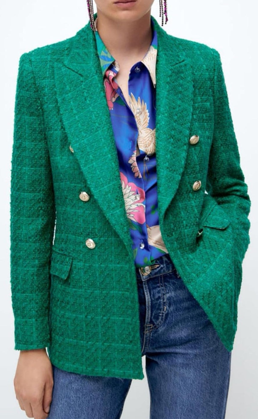Silver Button Tweed Textured Double Breast Blazer - Lush Green image 1